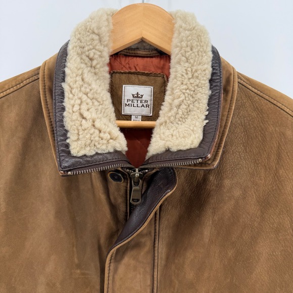 Peter Millar Mens Lamb Leather Sherpa Lined Bomber Jacket Brown Size M Like NEW - Picture 6 of 13